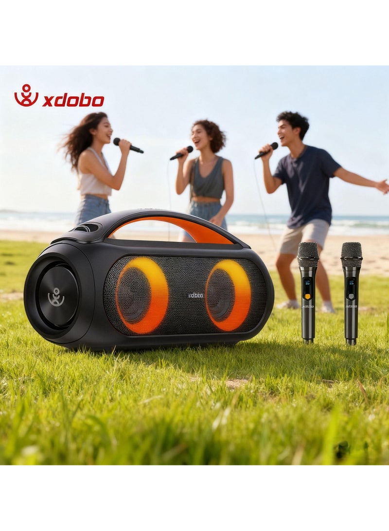 إكس دوبو مكبر صوت كاريوكي بلوتوث مزدوج العلامة التجارية XDOBO Vibe Plus Karaoke Bluetooth Audio مع ميكروفونين لاسلكيين، ومضخم صوت لاسلكي مقاوم للماء بقوة 80 وات، وبطارية مدمجة عالية السعة 12000 مللي أمبير في الساعة، يدعم تشغيل AUX FM U Disk، باللون الأسود - Image 1