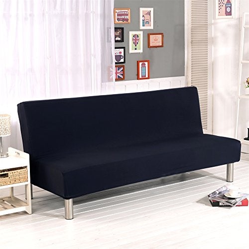 Homonic Solid Colour Armless Sofa Bed Cover Polyester Spandex Stretch Futon Slipcover 3 Seater Elastic Full Folding Couch Sofa Shield fits Folding Sofa Bed Without Armrests 80" x 50" in (Black) - Image 1