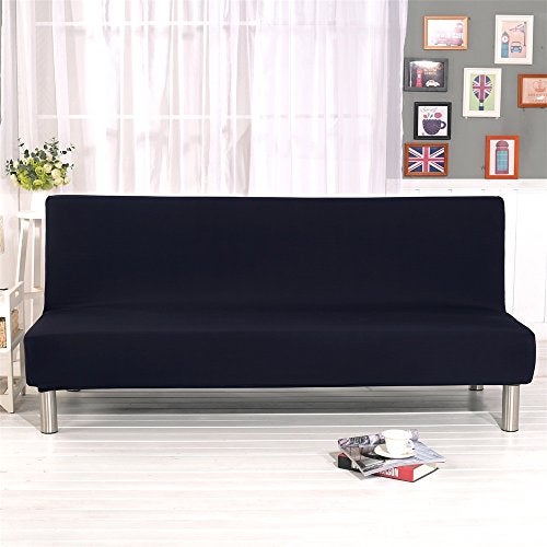 Homonic Solid Colour Armless Sofa Bed Cover Polyester Spandex Stretch Futon Slipcover 3 Seater Elastic Full Folding Couch Sofa Shield fits Folding Sofa Bed Without Armrests 80" x 50" in (Black) - Image 2