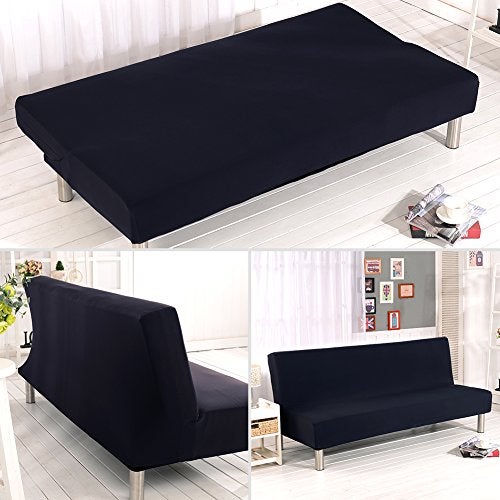 Homonic Solid Colour Armless Sofa Bed Cover Polyester Spandex Stretch Futon Slipcover 3 Seater Elastic Full Folding Couch Sofa Shield fits Folding Sofa Bed Without Armrests 80" x 50" in (Black) - Image 3