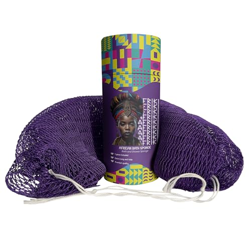 AFRIKI African Net Sponge Premium Authentic Exfoliating Body Scrubber Extra Long Stretch Bath Sponge for Shower Deep Exfoliating Washcloth for Smooth Skin 1 Pack Dark Purple - Image 1