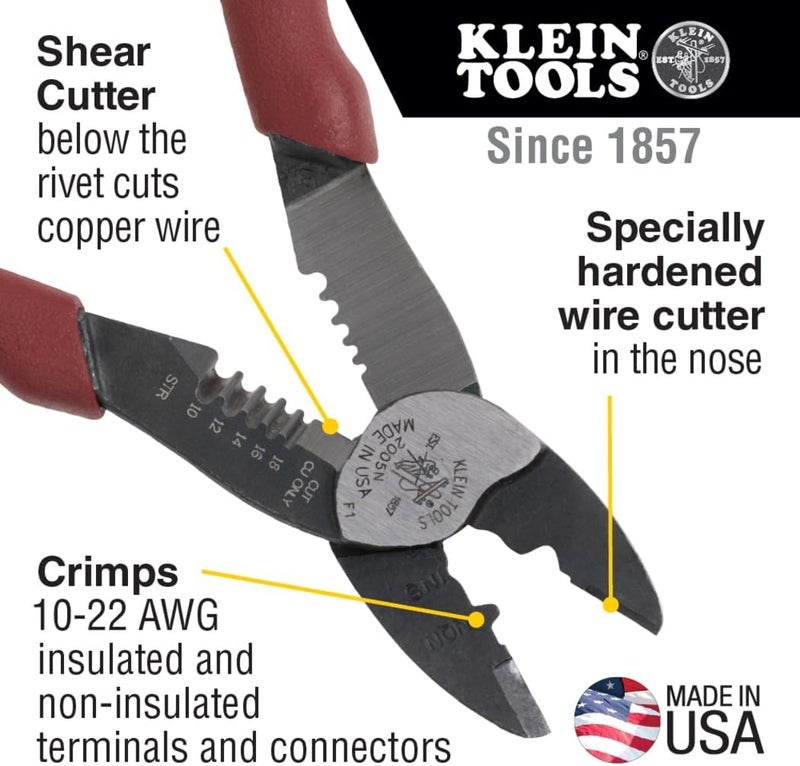 Klein Tools 2005N Wire Cutter, Made in USA, Stripper, Crimper Tool, Strips 10-18 AWG Stranded, Crimps 10-22 AWG Terminals, with Shear Cutter - Image 2