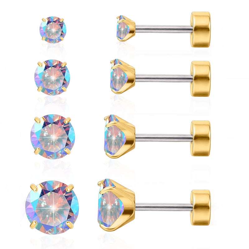 limerencia 4 Pairs G23 Hypoallergenic Flat Back Titanium Earrings Set for Women Men,20G 3-6mm Screw Back Cubic Zirconia Studs Cartilage Earrings for Sensitive Ears - Image 1