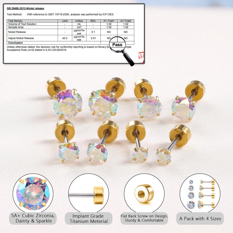 limerencia 4 Pairs G23 Hypoallergenic Flat Back Titanium Earrings Set for Women Men,20G 3-6mm Screw Back Cubic Zirconia Studs Cartilage Earrings for Sensitive Ears - Image 4