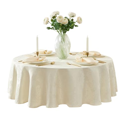 Newbridge Barcelona Luxury Damask Fabric Tablecloth, 90” Round, Antique White, 100% Polyester, No Iron, Soil Resistant Dining Room, Party and Banquet Table Cover - Image 1