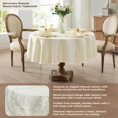 Newbridge Barcelona Luxury Damask Fabric Tablecloth, 90” Round, Antique White, 100% Polyester, No Iron, Soil Resistant Dining Room, Party and Banquet Table Cover - Image 2