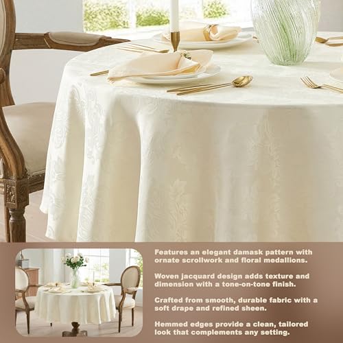Newbridge Barcelona Luxury Damask Fabric Tablecloth, 90” Round, Antique White, 100% Polyester, No Iron, Soil Resistant Dining Room, Party and Banquet Table Cover - Image 3