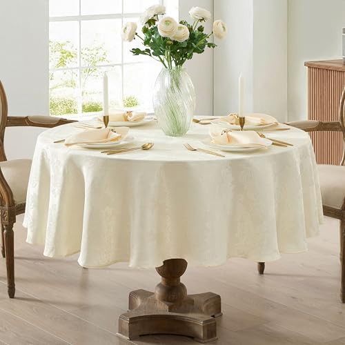Newbridge Barcelona Luxury Damask Fabric Tablecloth, 90” Round, Antique White, 100% Polyester, No Iron, Soil Resistant Dining Room, Party and Banquet Table Cover - Image 5