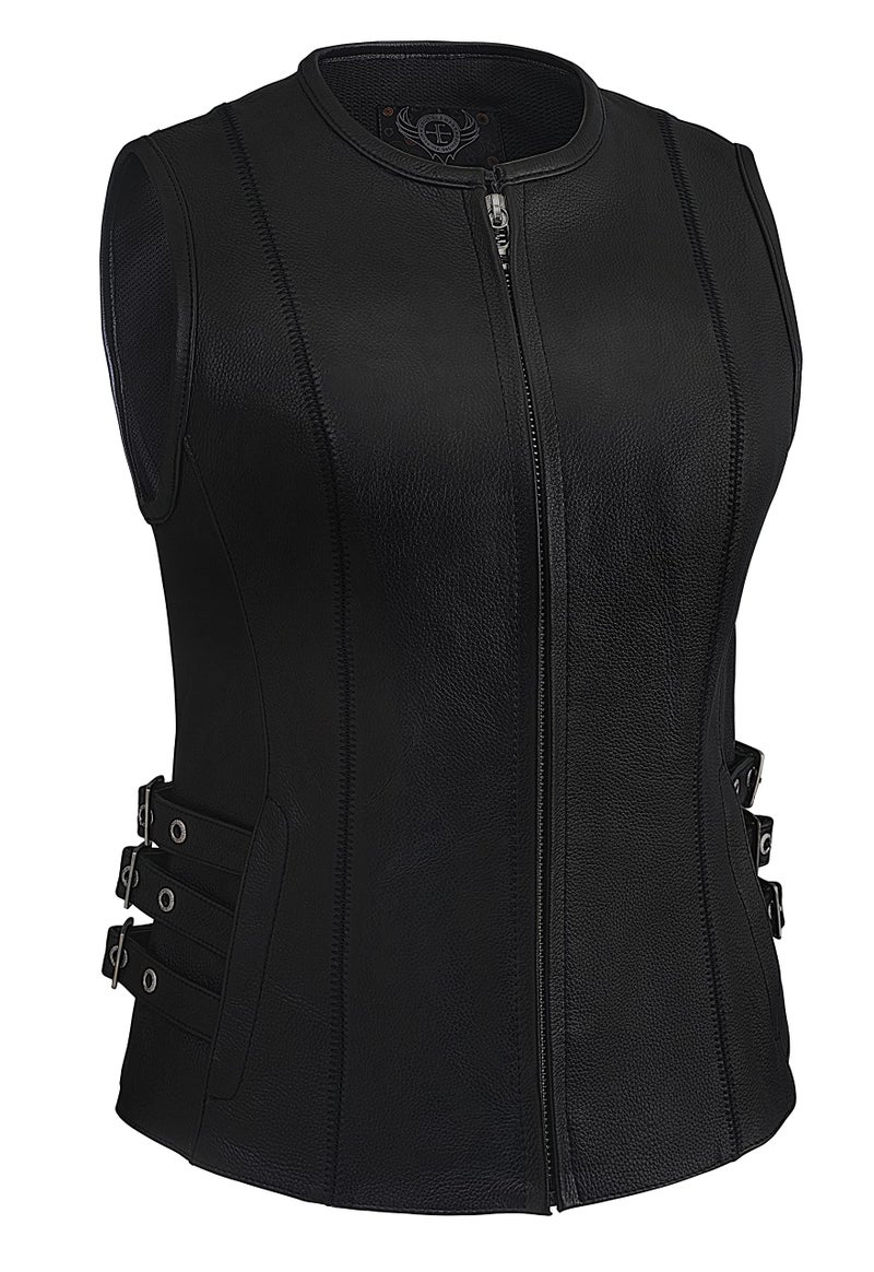 True Element Womens Side Buckled Zip Front Motorcycle Leather Vest Black Size M