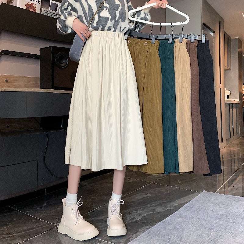 تنورة نسائية ربيعية/خريفية/شتوية عالية الخصر على شكل حرف A طويلة مع تنورة سميكة متوسطة الطول كبيرة التأرجح - Image 3