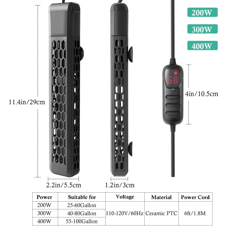 HITOP Aquarium PTC Heater with Controller: 200W 300W 400W Digital Heater for Fish Tank and Turtle Tank 40-100Gallon, with Protective Cover - Image 2
