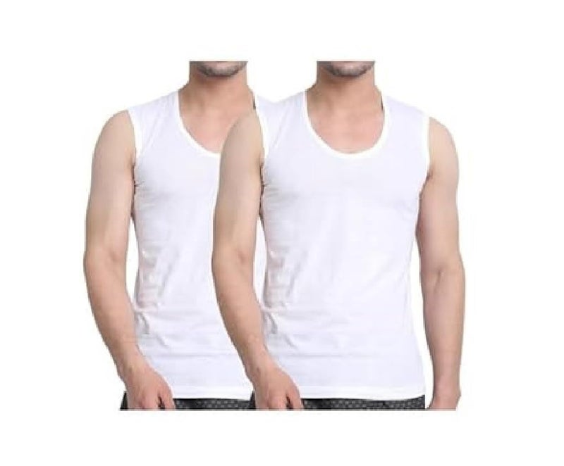 GMR Men's Broad Shoulder Low Round Neck Cotton Vest Sleeveless Pack of 2-90cm White, Regular Fit, Large - Image 1