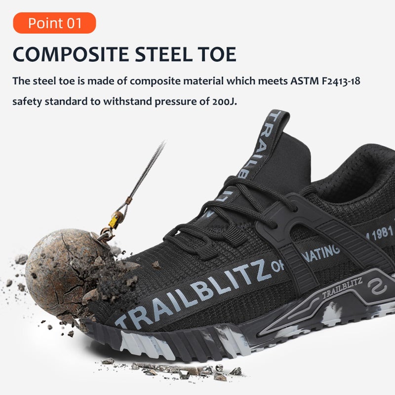 TRAILBLITZ Composite Steel Toe Shoes for Men Work Safety Sneakers Non Slip Comfortable Lightweight Breathable Mens Hard Toe Industrial Construction Tennis Slip On Footwear(10.5 Men, Black) - Image 2