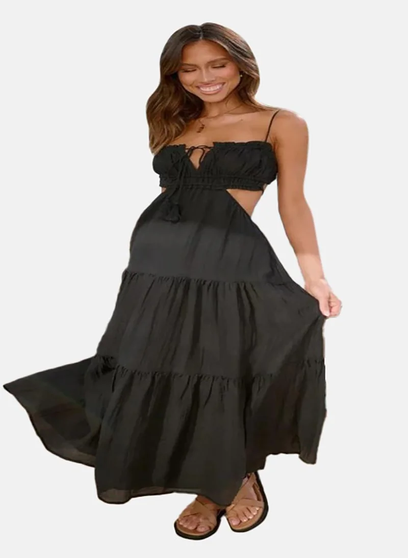 YUNIQEE Black Cut - Out Details Shoulder Straps Chiffon Maxi Dress