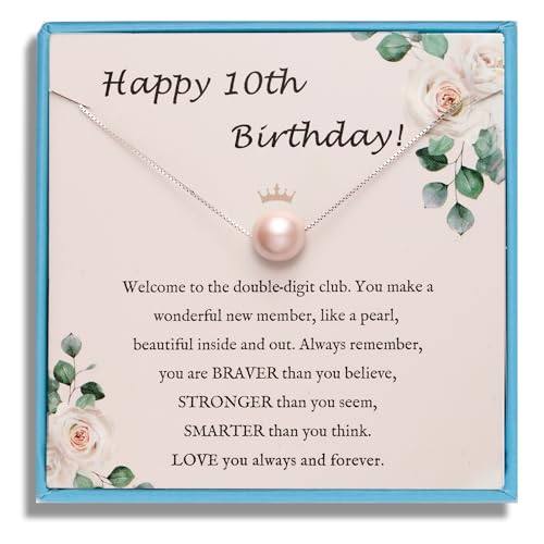 Sereney 10 Year Old Girl Birthday Gifts, Sterling Silver Pink Pearl Necklace as Gifts for 10 Year Old Girl, 10th Birthday Gifts for Girll Adjustable Length Double Digits Birthday Gril Trendy 2025 - Image 1