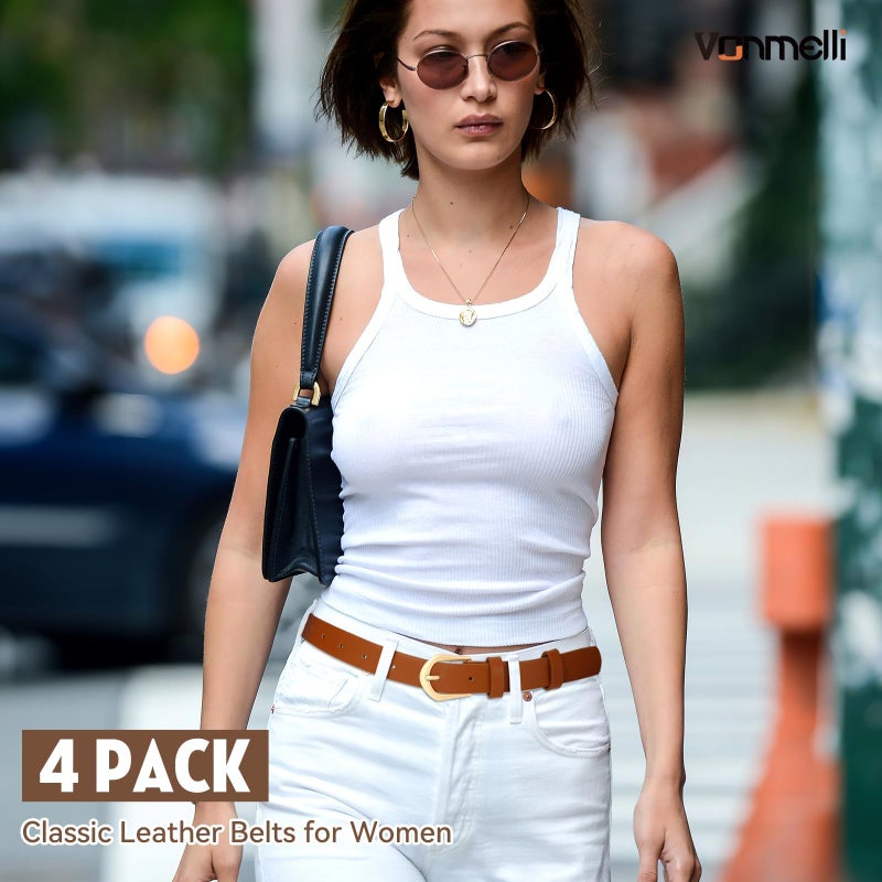 VONMELLI 4 Pack Womens Thin Leather Belt Skinny Waist Belts for Women Fashion Jeans Dress with Gold Buckle, Black Brown Coffee Beige, S - Image 5
