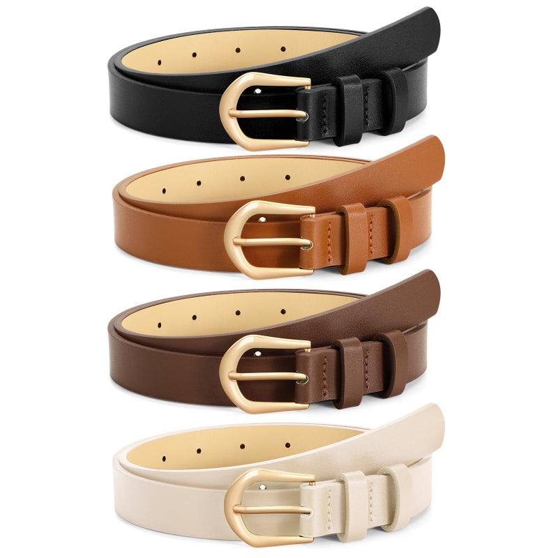 VONMELLI 4 Pack Womens Thin Leather Belt Skinny Waist Belts for Women Fashion Jeans Dress with Gold Buckle, Black Brown Coffee Beige, S - Image 1