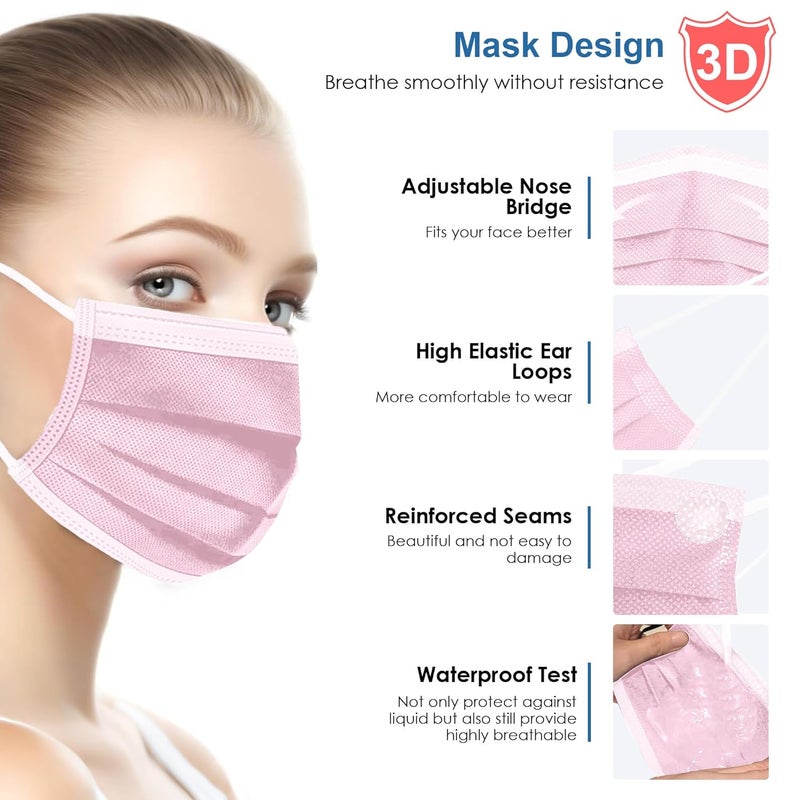NNPCBT Pink Disposable Face Masks 125 Pack,3-Ply Breathable Mask For Adults,Great For Outdoors,Home, Office, School - Image 3