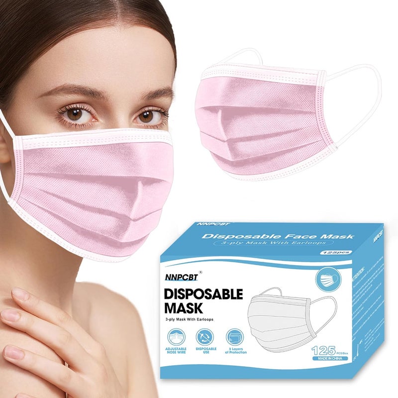NNPCBT Pink Disposable Face Masks 125 Pack,3-Ply Breathable Mask For Adults,Great For Outdoors,Home, Office, School - Image 1