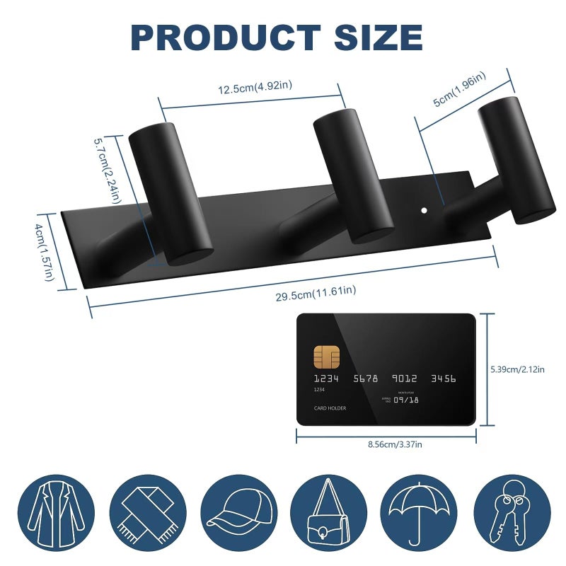 VAEHOLD Black Hat and Coat Wall Mount Rack - 3 Hooks for Robes, Bags, Keys, and Towels - Bathroom Towel Hanger Organizer (1 Pack) - Image 4