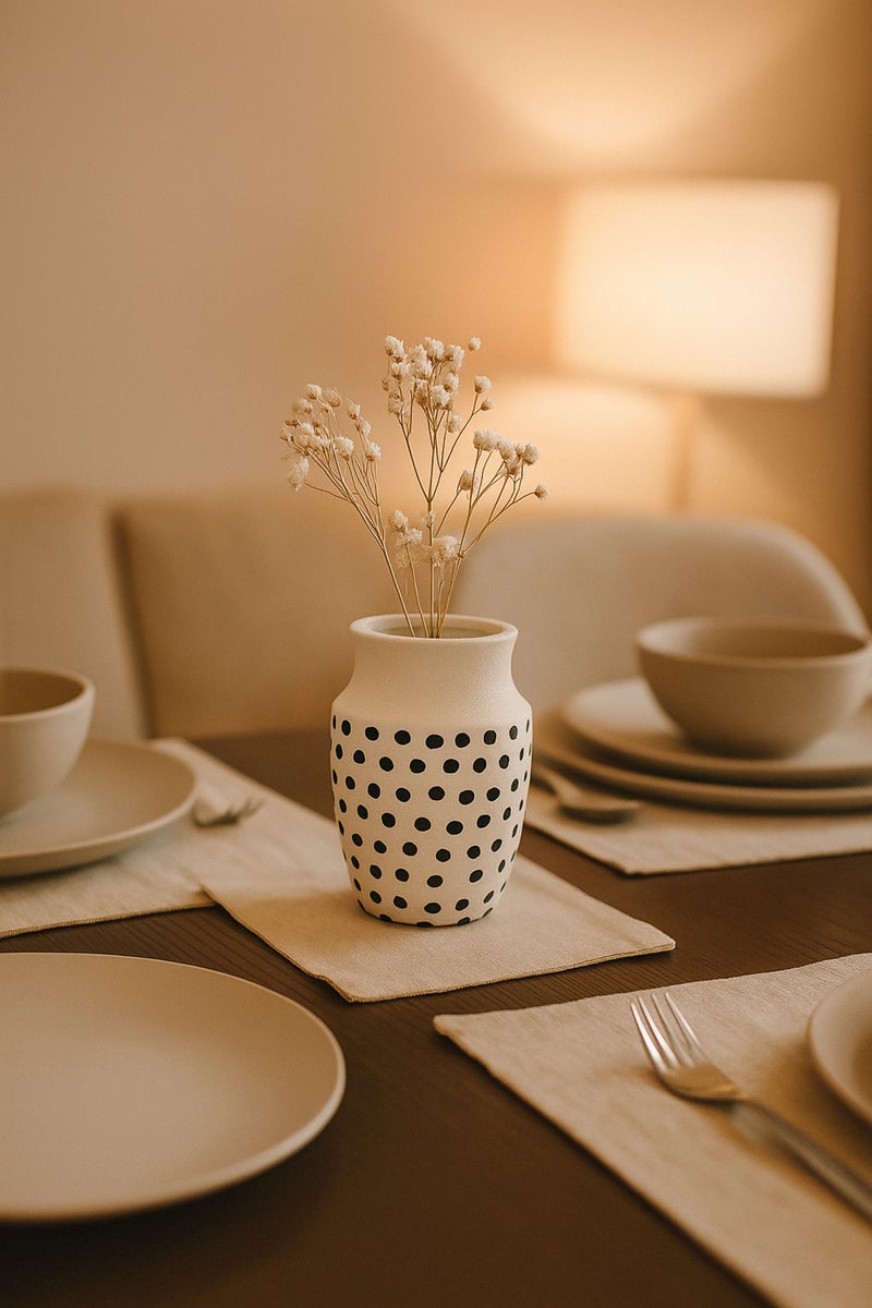 ماريا هومز مزهرية خزفية بيضاء طبيعية مع نقاط سوداء – مزهرية صغيرة منحنية بفم زخرفية - Image 1