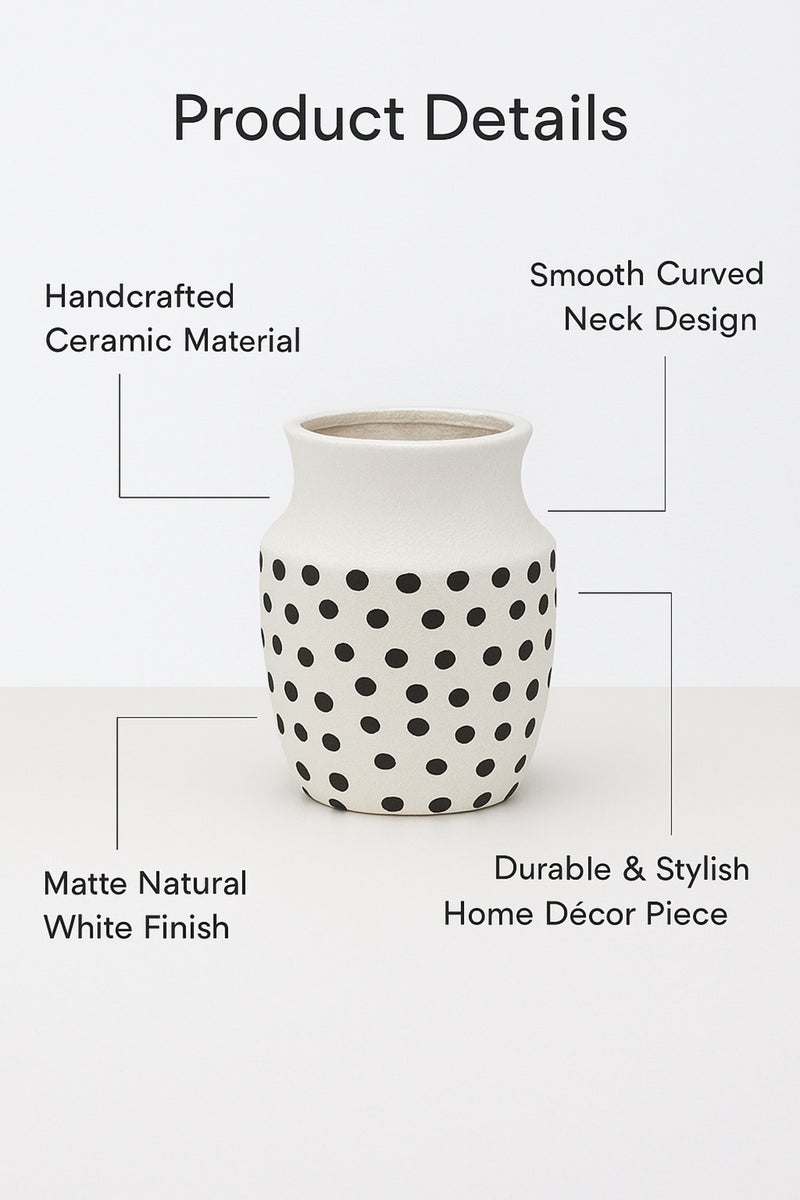 ماريا هومز مزهرية خزفية بيضاء طبيعية مع نقاط سوداء – مزهرية صغيرة منحنية بفم زخرفية - Image 4