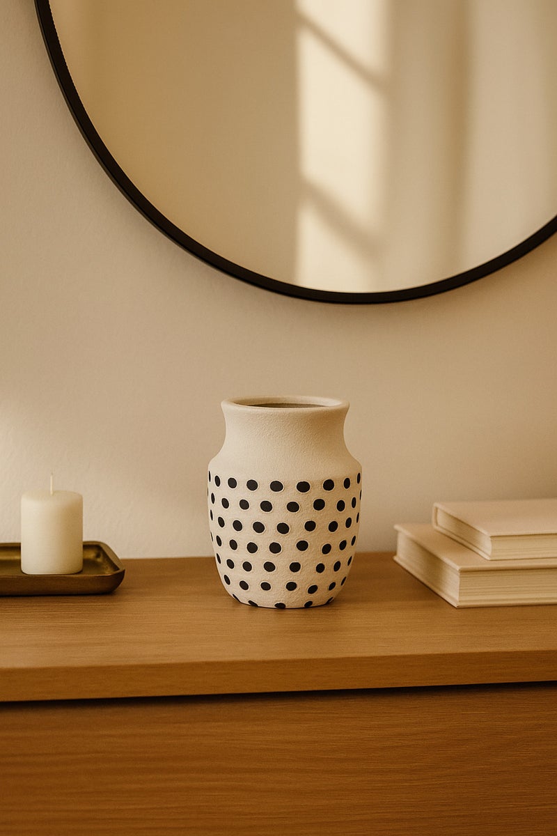 ماريا هومز مزهرية خزفية بيضاء طبيعية مع نقاط سوداء – مزهرية صغيرة منحنية بفم زخرفية - Image 3