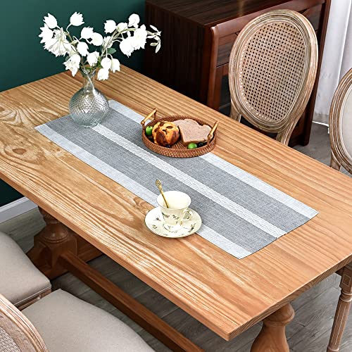 NEWISHER Farmhouse Braided Striped Table Runner Rustic Embroidery Coffee Table Runners for Decorations Weddings Holiday Grey 13x36inch - Image 2