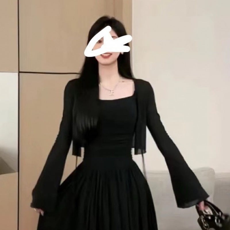 Mumujia 2025 Summer Anti-Sun Gentle Suit Elegant Slim Suspender Skirt Cardigan Long-Sleeved Jacket Two-Piece Set Black (single cardigan)