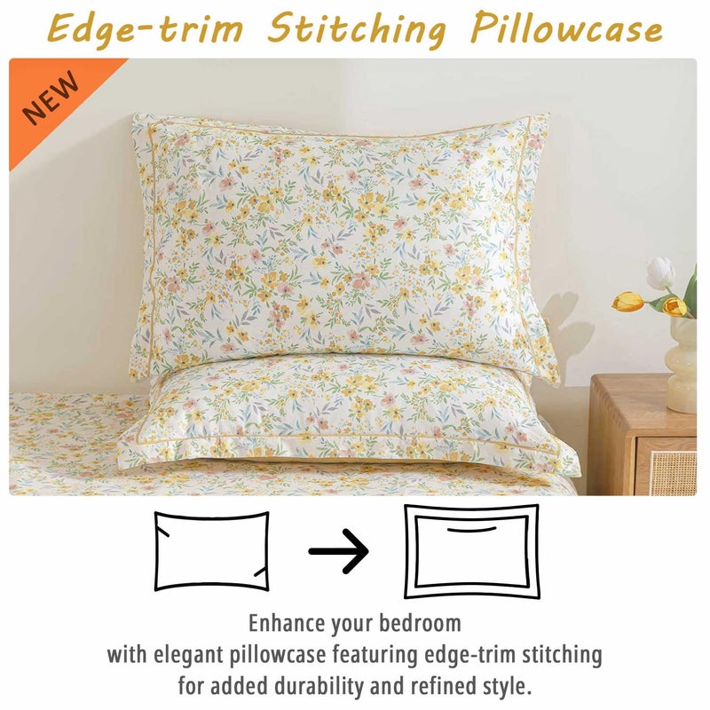 ALEISSEL 100% Natural Cotton Duvet Cover Queen Size 3Pcs - Yellow Duvet Cover with Pink & Green Flowers and Leaves on White,Reversible Floral Comforter Cover Sets with Button Closure(90"Ã—90",Floral) - Image 4
