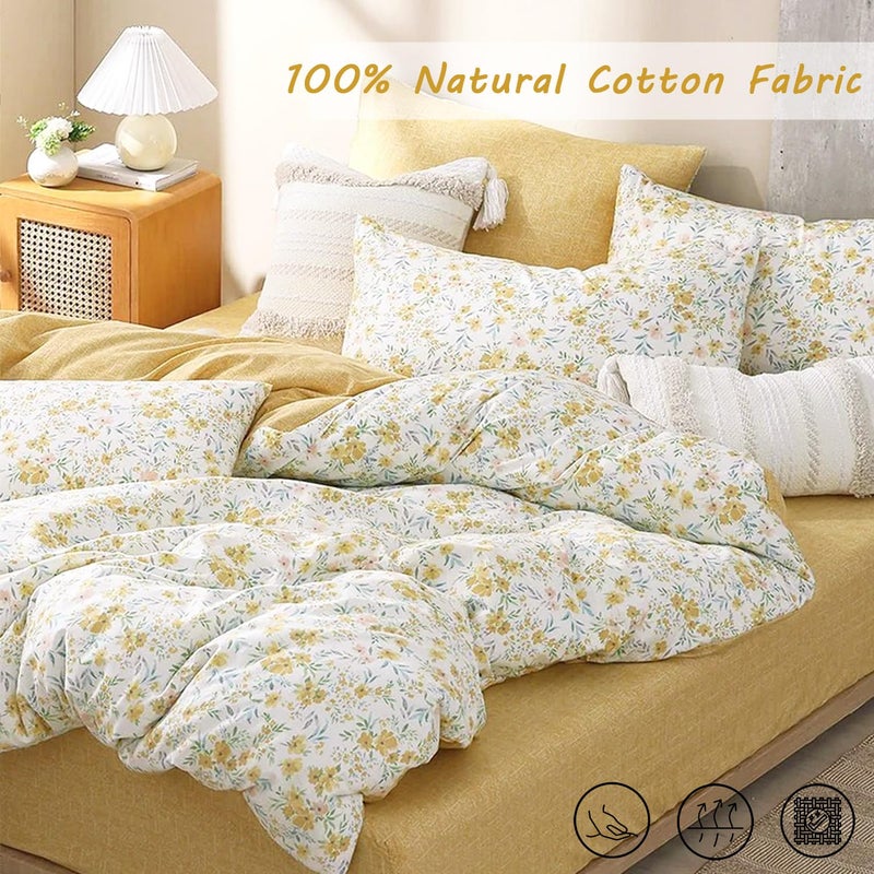 ALEISSEL 100% Natural Cotton Duvet Cover Queen Size 3Pcs - Yellow Duvet Cover with Pink & Green Flowers and Leaves on White,Reversible Floral Comforter Cover Sets with Button Closure(90"Ã—90",Floral) - Image 2