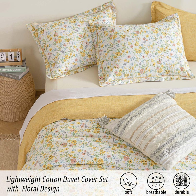 ALEISSEL 100% Natural Cotton Duvet Cover Queen Size 3Pcs - Yellow Duvet Cover with Pink & Green Flowers and Leaves on White,Reversible Floral Comforter Cover Sets with Button Closure(90"Ã—90",Floral) - Image 3