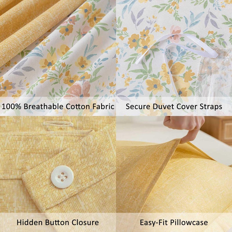 ALEISSEL 100% Natural Cotton Duvet Cover Queen Size 3Pcs - Yellow Duvet Cover with Pink & Green Flowers and Leaves on White,Reversible Floral Comforter Cover Sets with Button Closure(90"Ã—90",Floral) - Image 5
