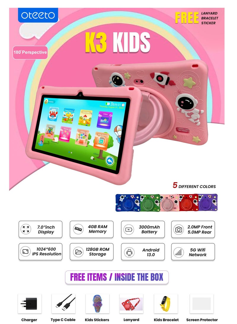 Oteeto K3 Kids Tablet – 7” Wi-Fi Android Tablet with Parental Control, Preloaded Educational Apps & Games, Kid-Proof Case – Perfect Learning Tablet for Children, Purple