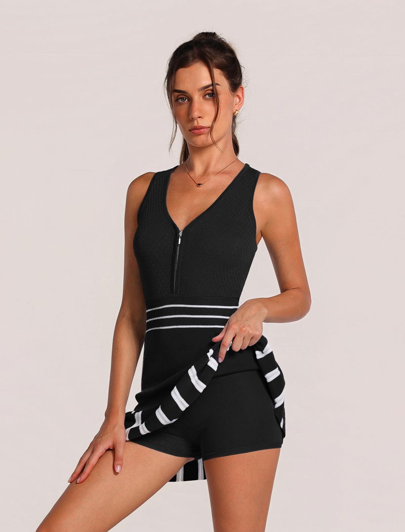 ABOCIW Athletic Dress for Women V Neck Half Zip Knit Tennis Dress with Shorts Summer Sleeveless Workout Golf Dresses for Women Sports Exercise Sports Active Black Small - Image 4