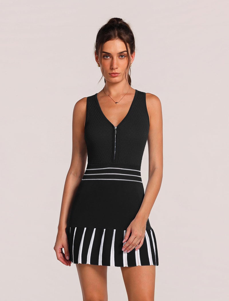 ABOCIW Athletic Dress for Women V Neck Half Zip Knit Tennis Dress with Shorts Summer Sleeveless Workout Golf Dresses for Women Sports Exercise Sports Active Black Small - Image 3