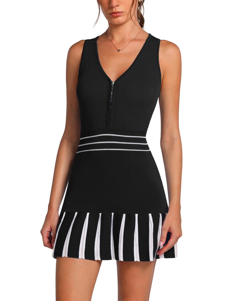 ABOCIW Athletic Dress for Women V Neck Half Zip Knit Tennis Dress with Shorts Summer Sleeveless Workout Golf Dresses for Women Sports Exercise Sports Active Black Small - Image 1