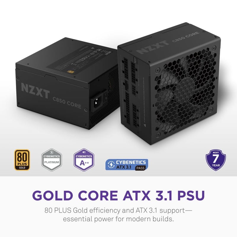NZXT مزود الطاقة NZXT C850 Gold - 850 واط ATX 3.1 - 80 بلس جولد - بلاتينيوم من Cybenetics - كامل التعديل - PCIe 5.1 600 واط 12V-2x6 - مروحة صفر RPM - مكثفات 105 درجة مئوية - أسود - Image 2