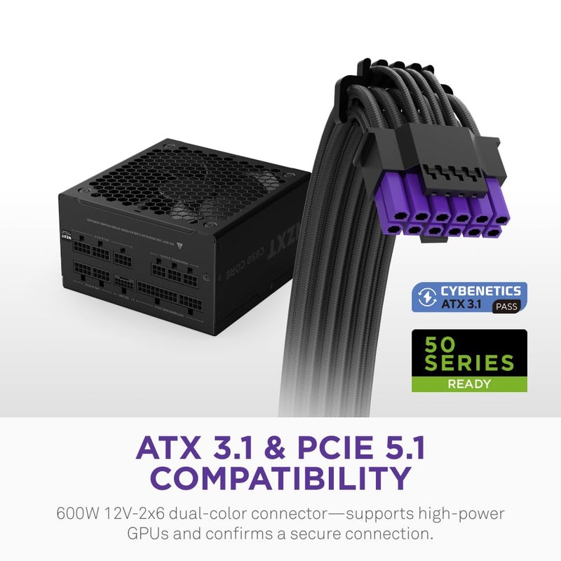 NZXT مزود الطاقة NZXT C850 Gold - 850 واط ATX 3.1 - 80 بلس جولد - بلاتينيوم من Cybenetics - كامل التعديل - PCIe 5.1 600 واط 12V-2x6 - مروحة صفر RPM - مكثفات 105 درجة مئوية - أسود - Image 3