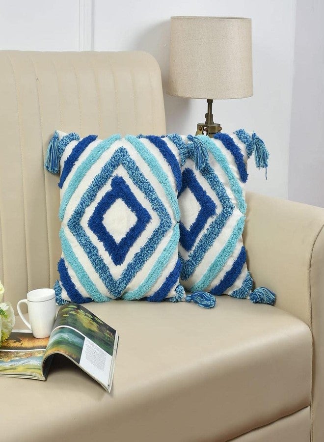 Outlay Home Decorative Throw Cushion Covers, Dark Blue Geometric Pattern with Pom Poms, Tufted Design with Back Zipper (16 X 16 Inch, 1 Piece) - Image 1