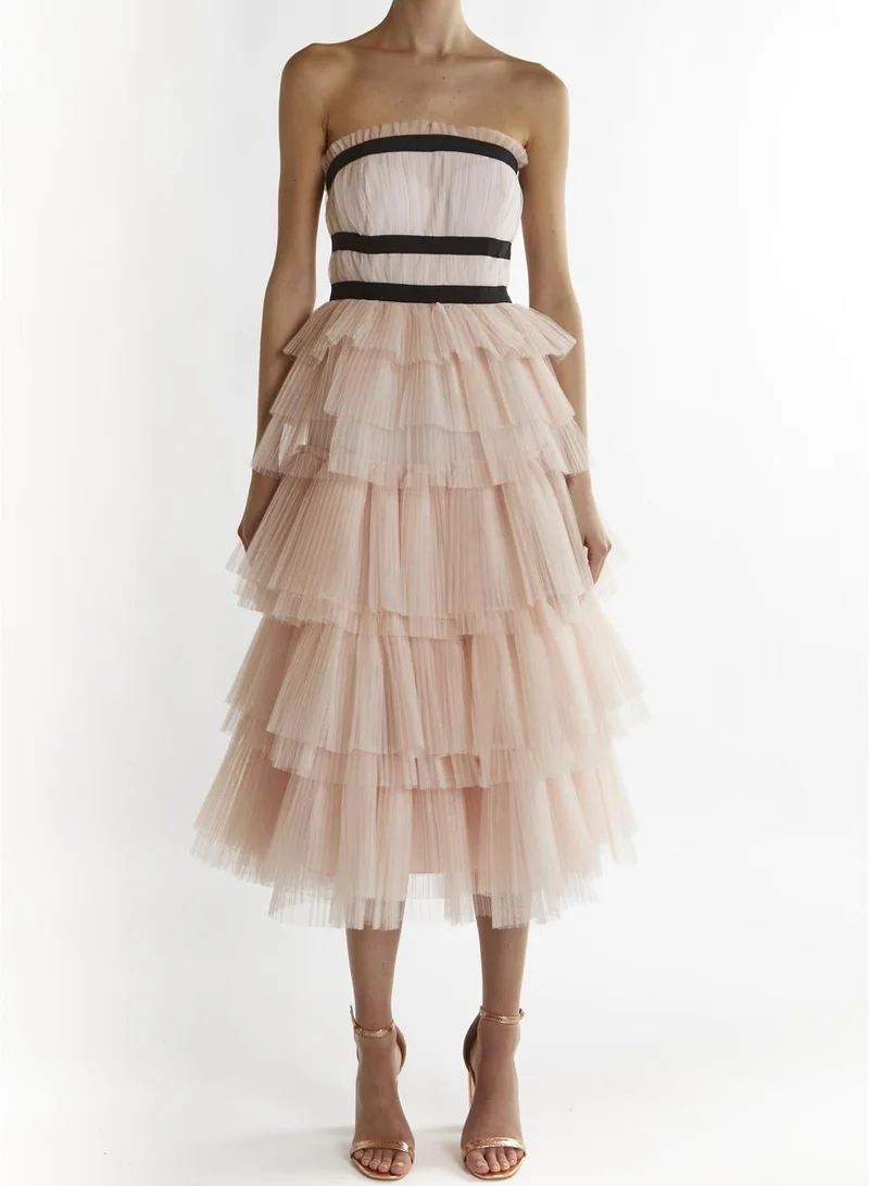 True Decadence Nude-Peach Brianna Bandeau-Pleated Midi-Dress