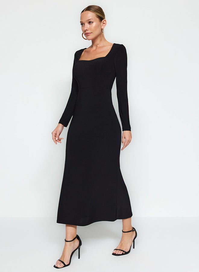trendyol Black Flounced Square Neck Fitted Maxi Stretchy Knitted Dress - Image 2