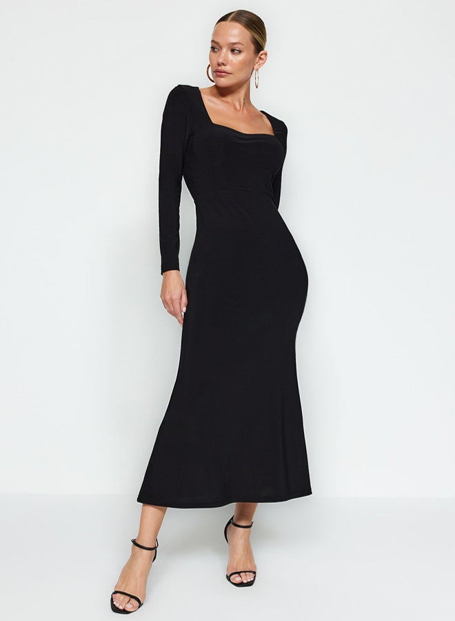 trendyol Black Flounced Square Neck Fitted Maxi Stretchy Knitted Dress - Image 3
