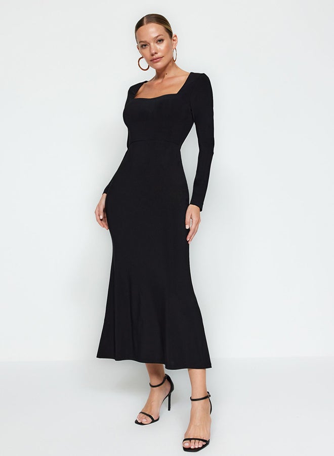 trendyol Black Flounced Square Neck Fitted Maxi Stretchy Knitted Dress - Image 1