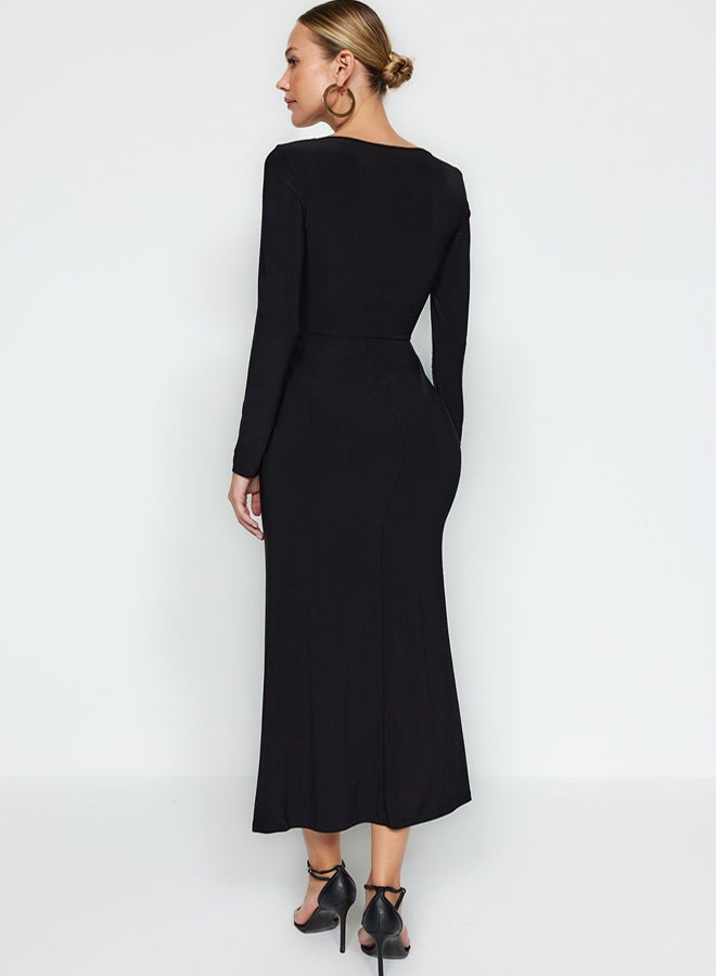 trendyol Black Flounced Square Neck Fitted Maxi Stretchy Knitted Dress - Image 5