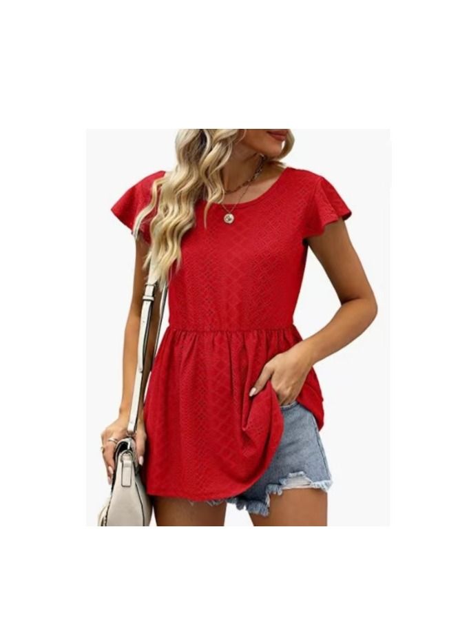 Loquat Women's Summer New Hollowed Out Waist Lotus Sleeve Casual Shirt 