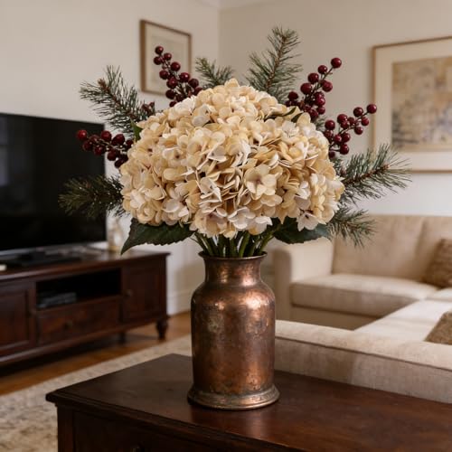 Kimura's Cabin 6pcs Cream Fake Hydrangea Flowers Artificiales Bouquets Faux Silk Hydrangea with Stems for Home Wedding Party Table Core Decoration (Beige) - Image 4