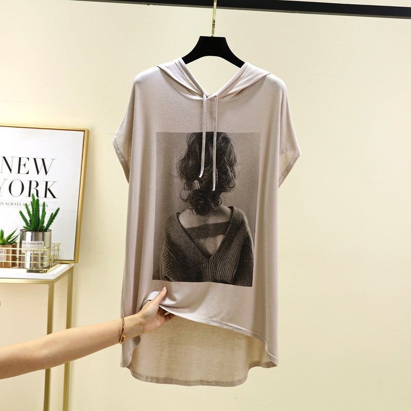 Modal Hooded Printed Short-Sleeved T-Shirt For Women Summer Loose Large Size Fat Mm Top Casual Thin Bottoming Shirt 2025 - Image 1