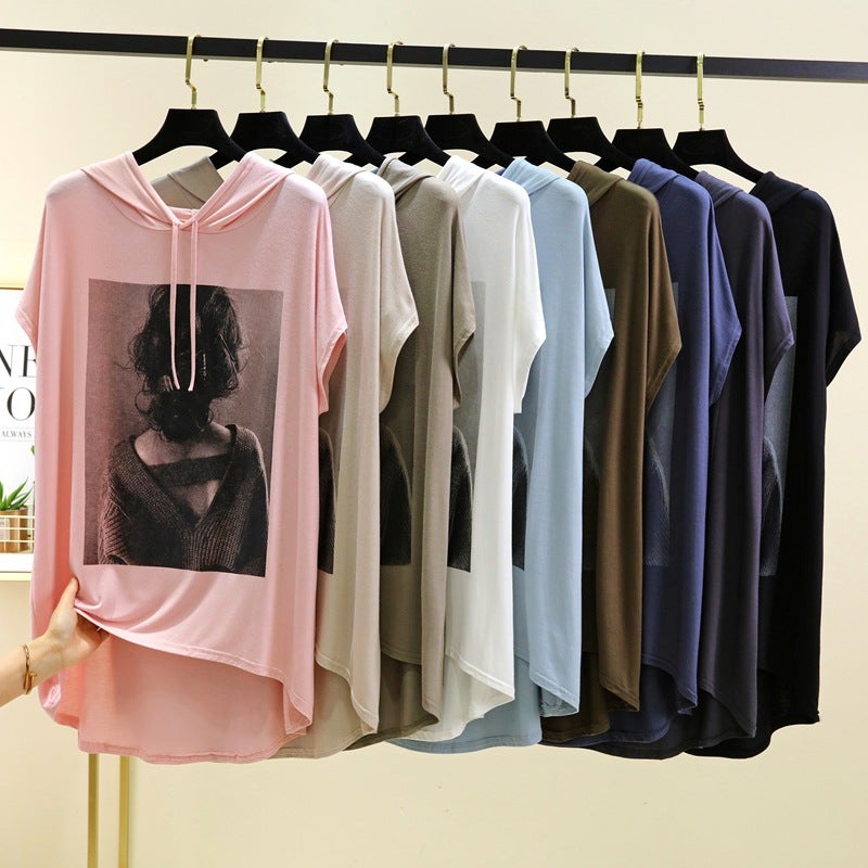 Modal Hooded Printed Short-Sleeved T-Shirt For Women Summer Loose Large Size Fat Mm Top Casual Thin Bottoming Shirt 2025 - Image 2