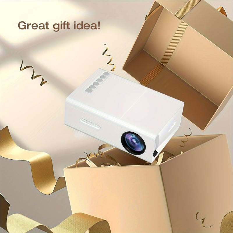 جهاز عرض محمول صغير باللون الأبيض بدقة 240 بكسل يدعم الاتصال بدقة 1080 عبر USB والهاتف، مزود بجهاز تحكم عن بُعد ومكبر صوت مدمج، بتصميم مدمج للاستخدام في التخييم والمسرح المنزلي والمكتب والحفلات. - Image 3